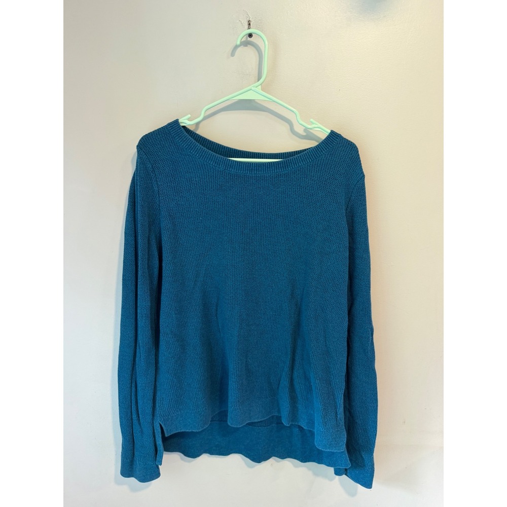 Loft Teal Blue Cotton Knit Long Sleeve Crew Neck Sweater Womens XL Side Slits